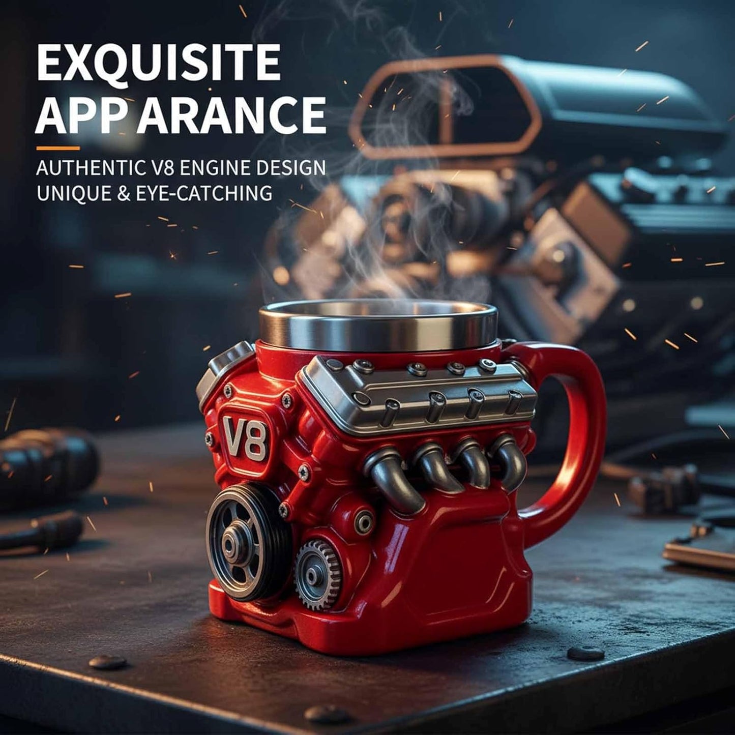 Retro Engine Coffee Mug. V8 Engines Stainless Steel Cup. Personalized Double Wall Insulation Car Mug with Handle Perfect for Father's Day. Christmas. Husband. Mechanic. Car Enthusiast